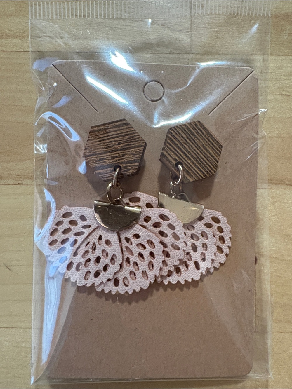 Women’s Pink Lace Fan Drop Earrings with Wood Accents